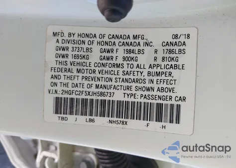 2018 Honda Civic Lx z USA, uszkodzony, nr VIN 2HGFC2F5XJH586737